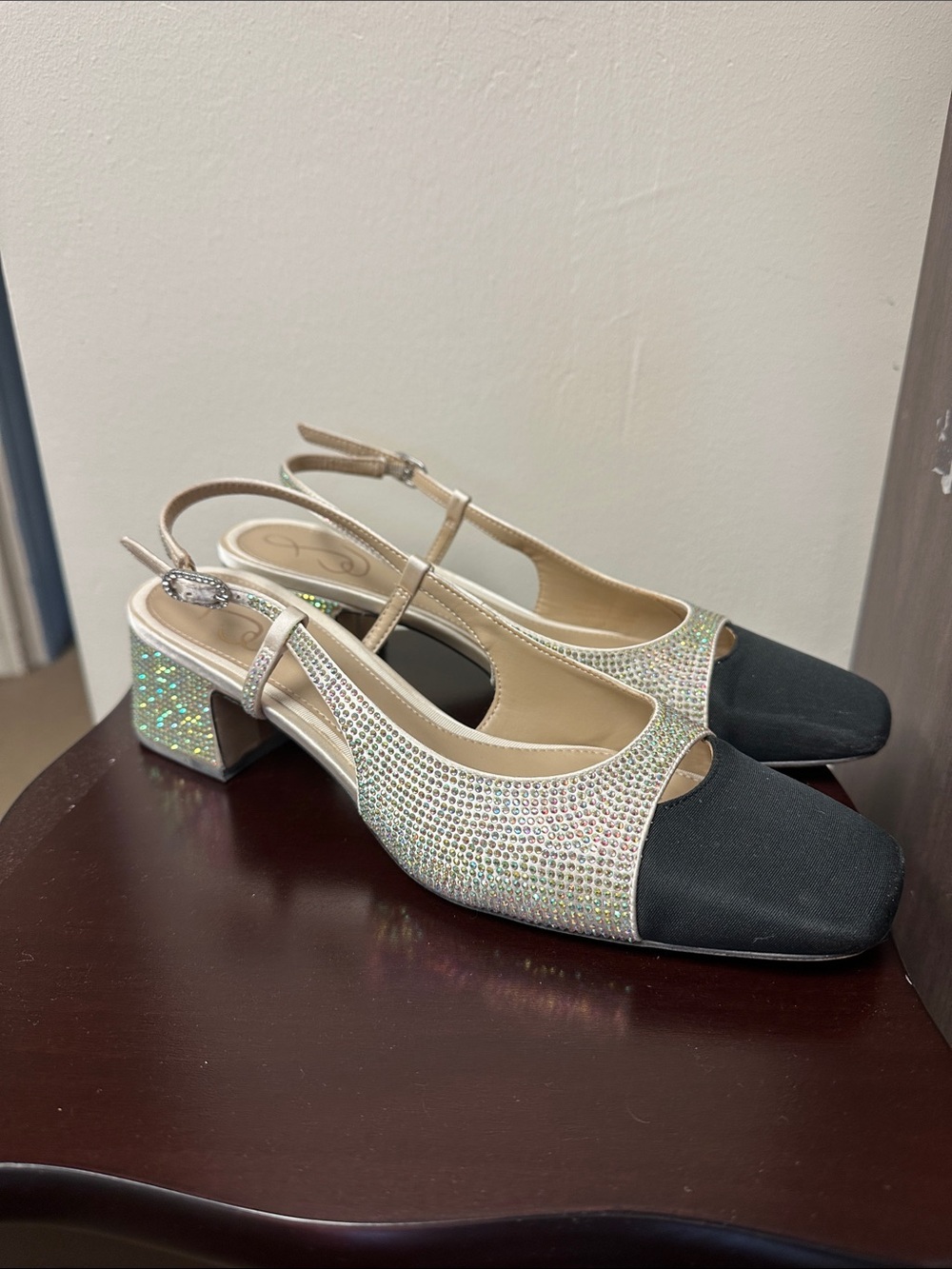 Sam Edelman Black Toe Iridescent Crystal Slingback Block Heels